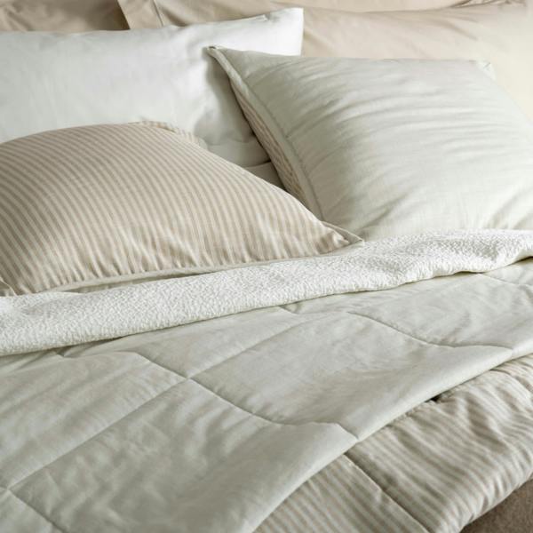 Natural Linen Look Bedspread & Cushion Bundle - striped, bedroom detail | Soak and Sleep