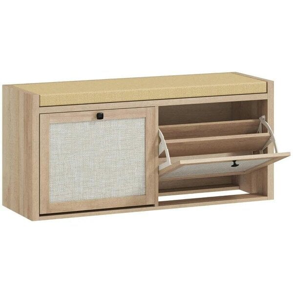 Rattan Shoe Bench with Padded Cushion and 2 Cabinets for Hidden Storage, Oak Wood Effect