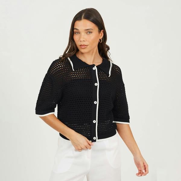 Brave Soul Black Loose Knit Collared Blouse - Black Image 1