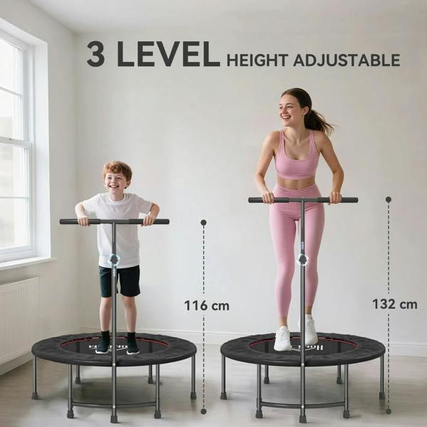 Black mini trampoline with adjustable handle and multiple height positions