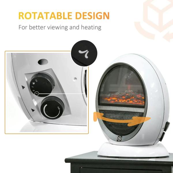 White tabletop electric fireplace heater with rotary control knobs and flame window