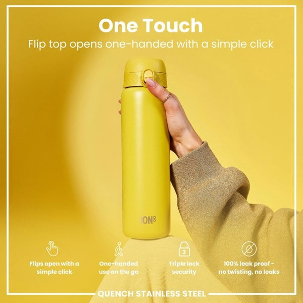 A yellow stainless steel water bottle is held; its flip top opens one-handed via a simple click. The bottle features a triple lock security mechanism and is 100% leakproof. It is showcased against a yellow background.