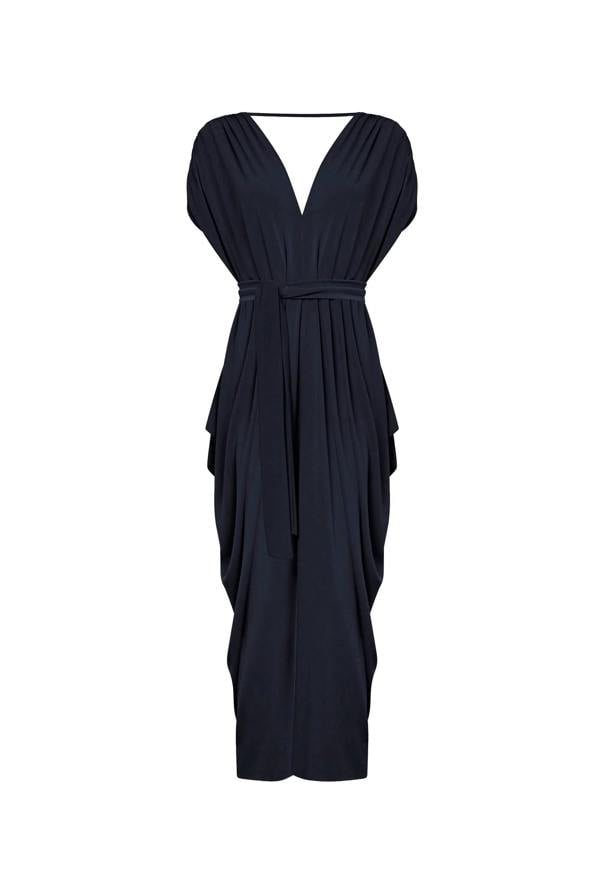 Invisible mannequin shot of the Draped Open-Back Midi Dress in Navy by James Lakeland