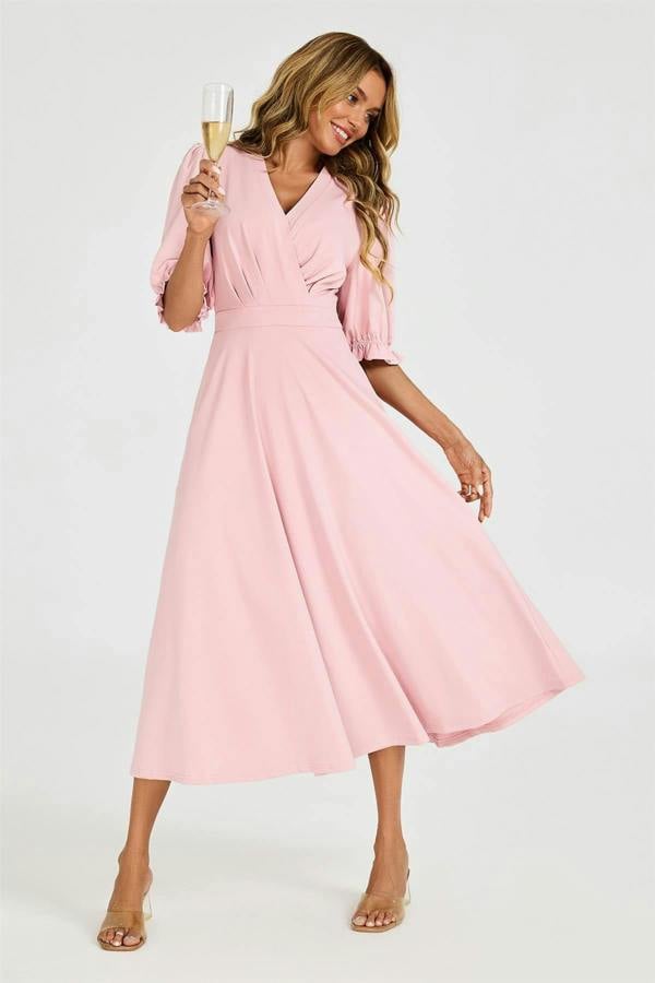 FS Collection Half Sleeves Jersey Midi Dress with Wrap Neckline In Dusty Blush