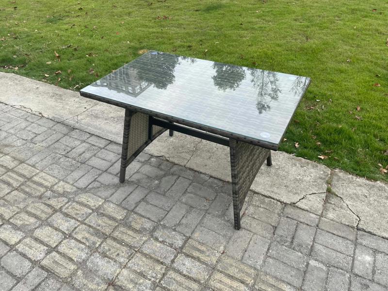 Fimous 7 PCS Outdoor Set, Wicker PE Rattan, Dining Table, Love Seat Sofa, 2 Side Tables and Big Footstool, Dark Grey Mixed