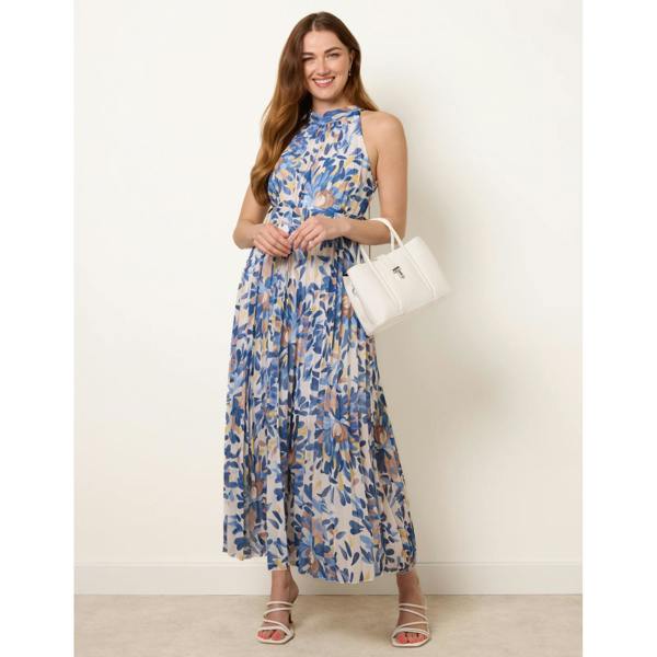 Blue Vanilla Printed Pleated Dress With Belt