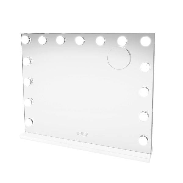 LED Bluetooth mirror, 58 x 46cm, features a sleek design with bright circular lights, a smooth reflective surface, and a modern white base