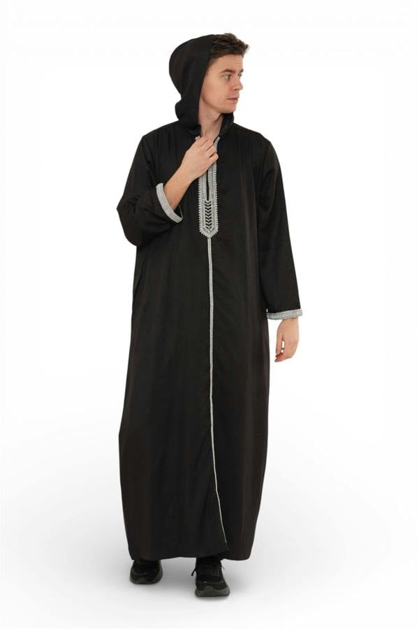 Infinity Leather Men's Hooded Moroccan Embroidery Djellaba Islamic Jubba Robe Eid Ramadan Thobe