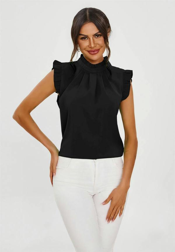 FS Collection Frill Trim Sleeve High Neck Blouse Top In Black
