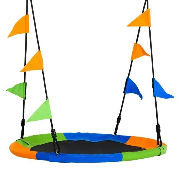 Colorful kid saucer swing seat with blue, green, and orange fabric panels and ropes