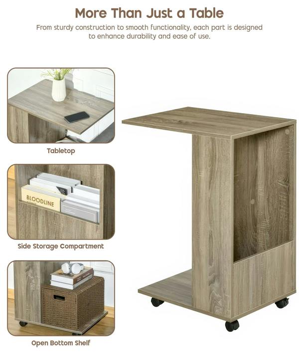 ADOV C Shaped Side Table with Wheels, Industrial Sofa End Table with Open Storage for Living Room and Bedroom