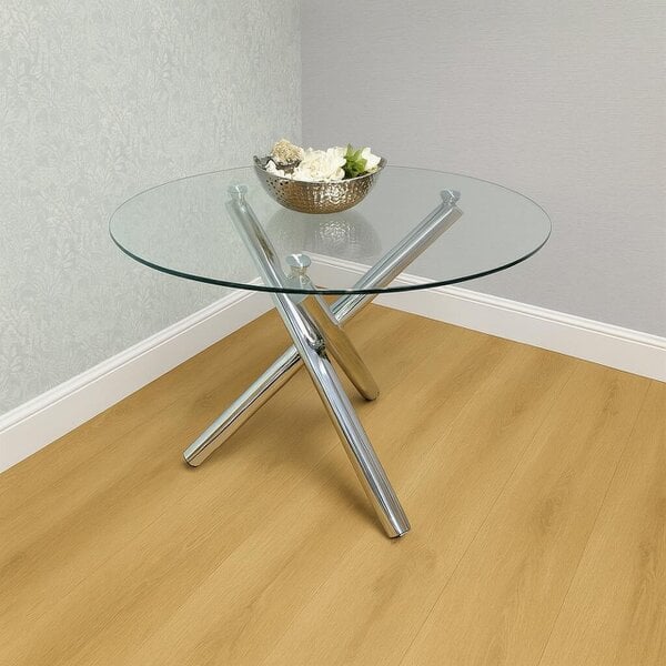 Kosy Koala Round Clear Glass Dining Table Set with 4 Mustard Gem Pattern Chairs Modern Dining Set