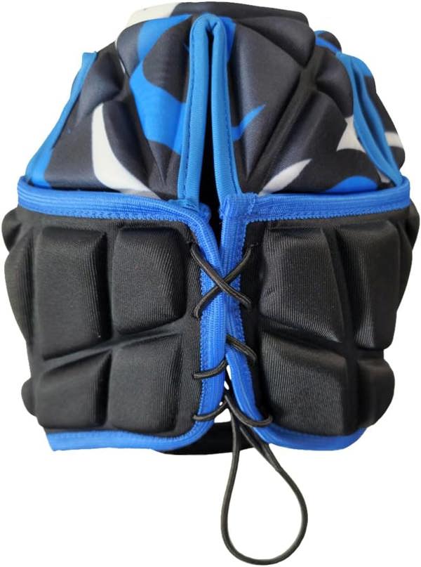Black and blue Optimum rugby headguard rear view with padded panels, blue trim and lace adjuster, on white - Optimum