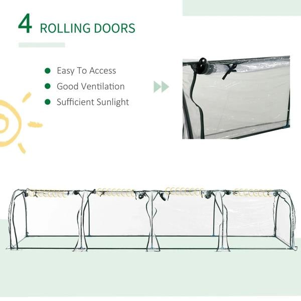 Clear tunnel greenhouse with rolled side doors and green arched steel frame