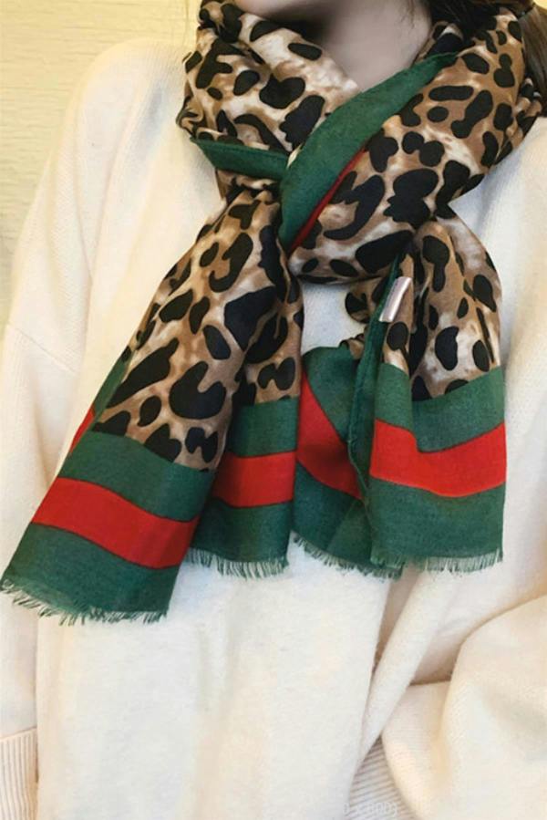 FS Collection Leopard & Strip Print Fringed edges Scarf In Green & Red