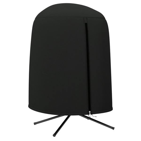 Black hanging egg chair cover with arched canopy and zip front, tripod legs