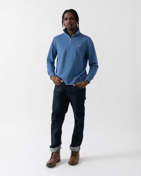 GANT Mens Regular Fit Shield Logo Half Zip Sweatshirt - 442 Vintage Blue - CHO - Designer Mens Sweatshirts