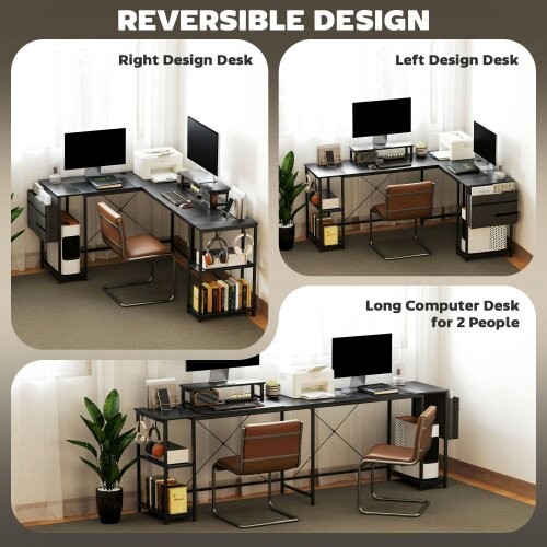 Wyld Haus Kadoso 168cm Black Reversible Industrial L Shaped Desk With Adjustable Shelves And Monitor Stand