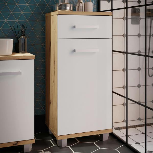 Furniture To Go Veris Bathroom Cupboard with 1 Door & 1 Drawer in Artisan Oak and Light Grey