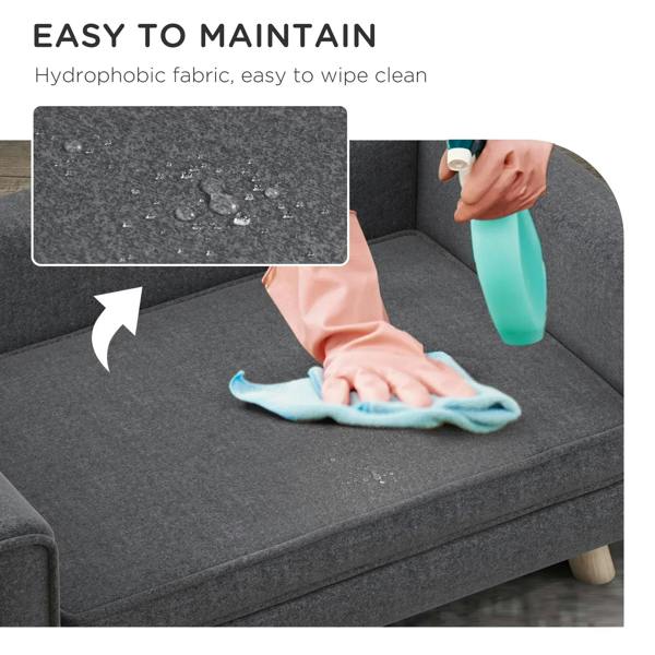 Grey dog sofa bed with water-resistant fabric shown being wiped clean