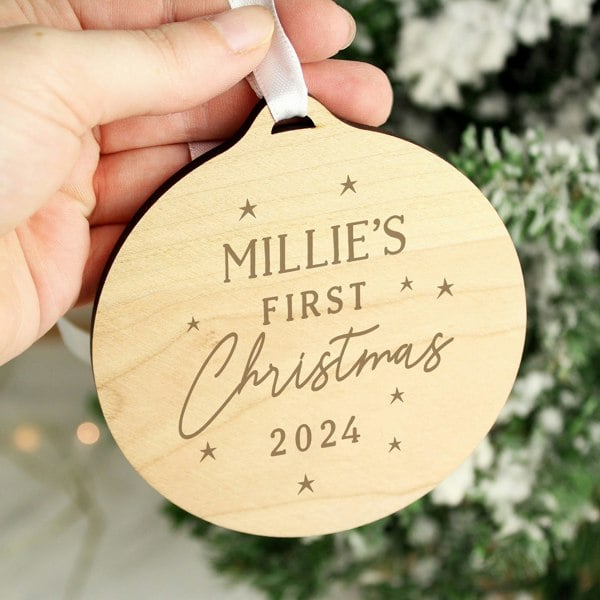 Personalised Memento Company Personalised Baby's First Christmas Round Wooden Decoration
