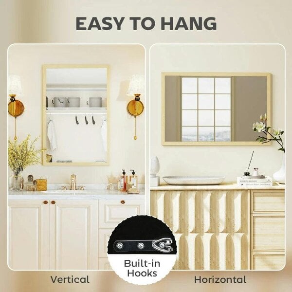 Bobobiy Wall Bathroom Mirror, 60 x 40 cm Wall-Mounted Mirror for Living Room, Bedroom, Hallway, Natural Wood Finish