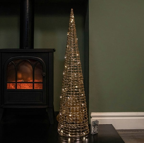Samuel Alexander Set of 3 Gold Glitter Twist Christmas Cone Trees with 90 Warm White LEDs