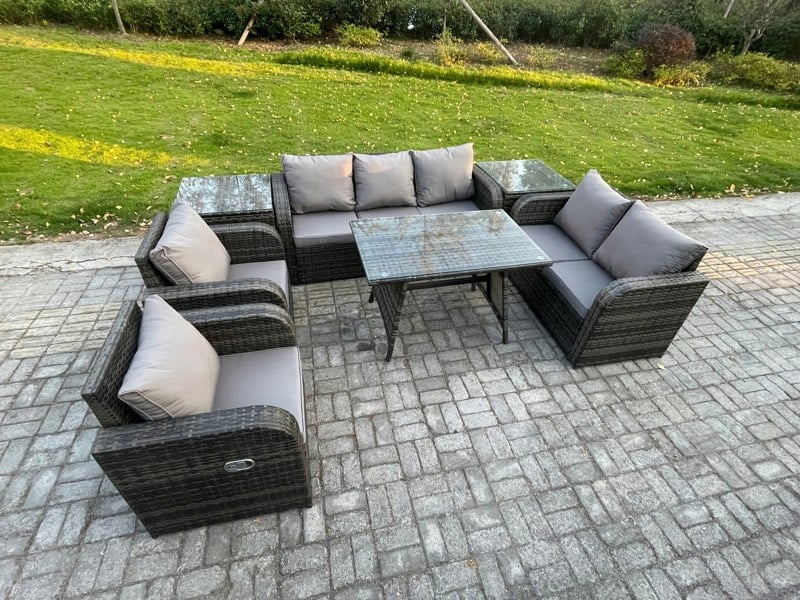 Fimous 7 Seater High Back PE Rattan Sofa Set Outdoor Garden Furniture Dining Table Set With Reclining Chair 3 Seater Sofa Love Sofa 2 Side Tables