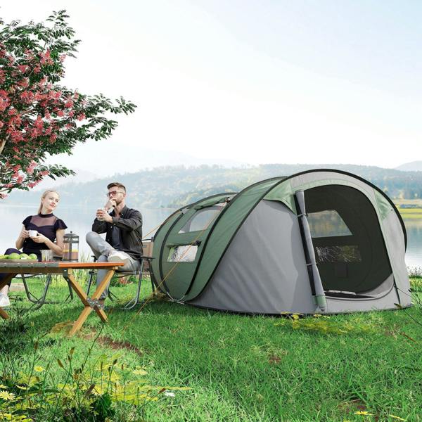Dark green and gray 4-person pop-up camping tent with side window and open entrance