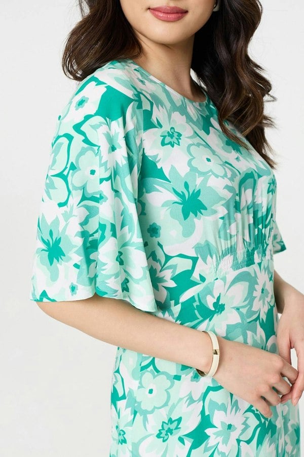 Green | Floral Flared Sleeve A-Line Midi Dress
