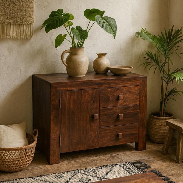 Wyld Haus Phuket Dark Mango Wood 3 Drawer Sideboard 1 Door 3 Drawers