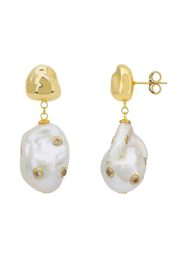 Latelita Polka Dot Baroque Pearl Drop Earrings Gold Cz