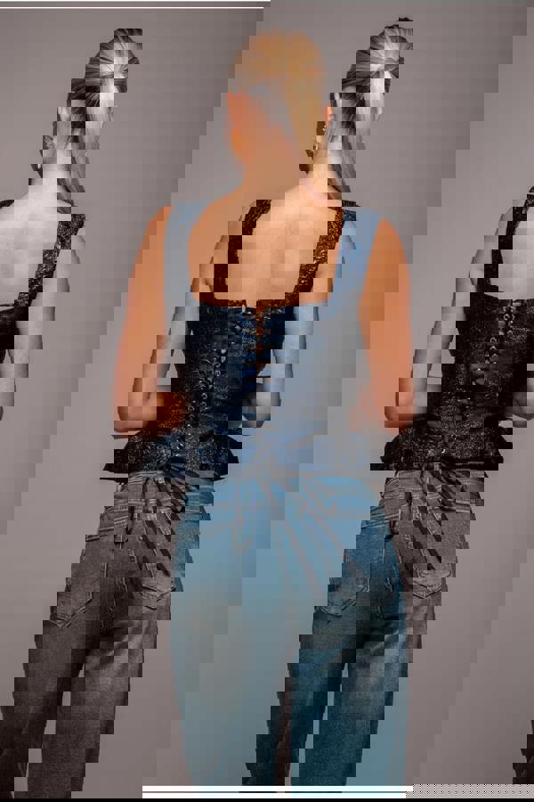 Sleeveless Jacquard Lace Up Back Corset - Navy Blue T265