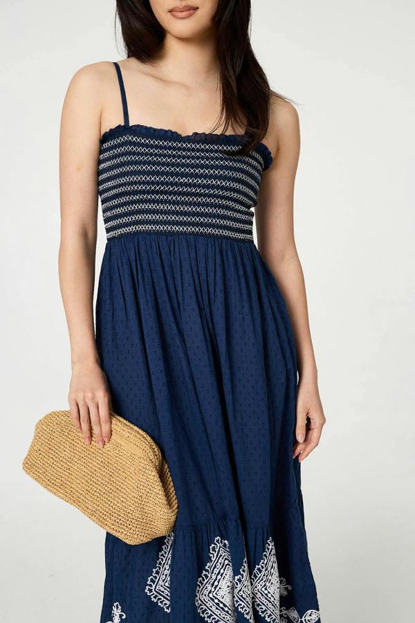 Blue | Embroidered Border Cami Strap Midi Dress