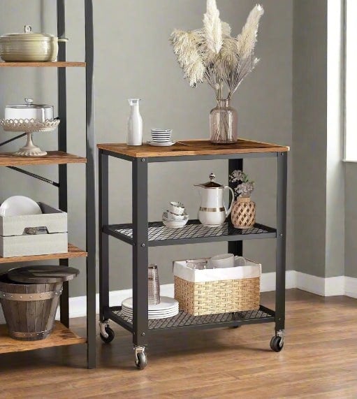 Modcraft Vintage 3-Tier Serving Trolley with Wheels, Rustic Rolling Kitchen Cart, Heavy Duty Storage Shelf