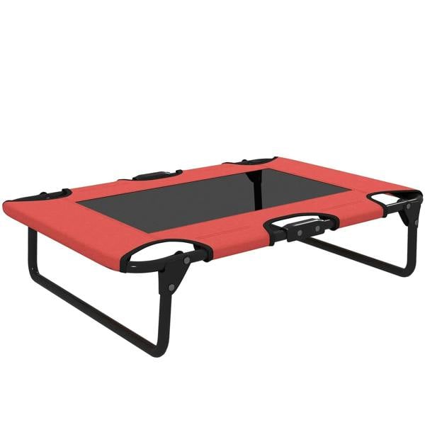 Red elevated portable dog cot with black breathable mesh and four sturdy legs