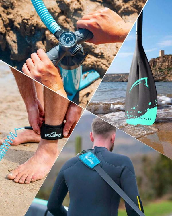 Collage of paddleboarding gear: inflation pump, paddle, ankle leash, and wetsuit details.