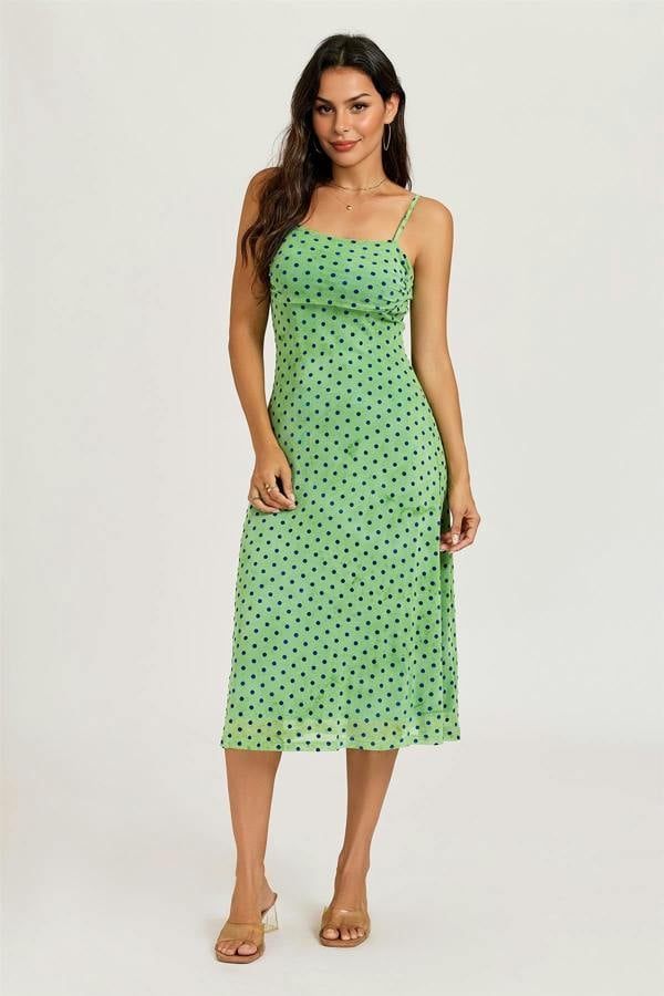 FS Collection Mottled Effect Devore Polka Dot Mesh Cami Midi Dress In Green