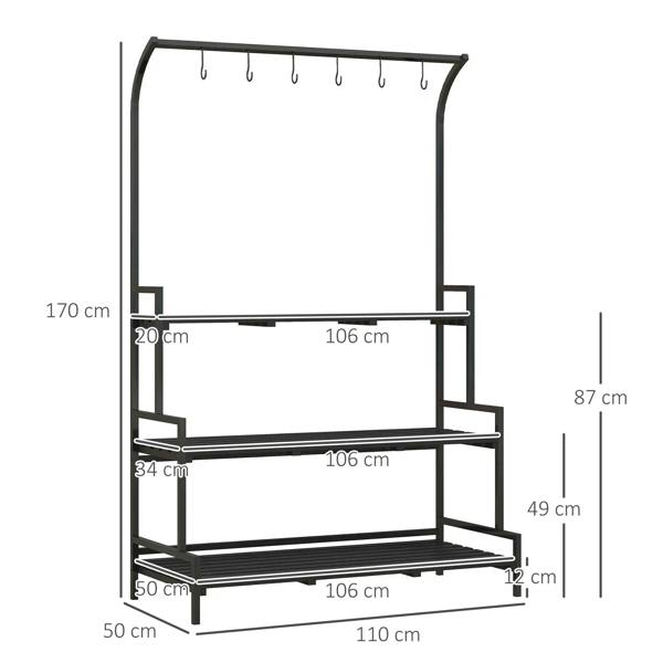 Black 3-tier plant rack with hanging hooks, product dimensions diagram