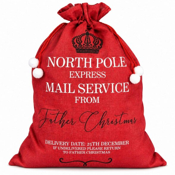 Shatchi 6cm Red Hessian Christmas Sack with North Pole Express Mail Print - 6CM - Red - Christmas sack