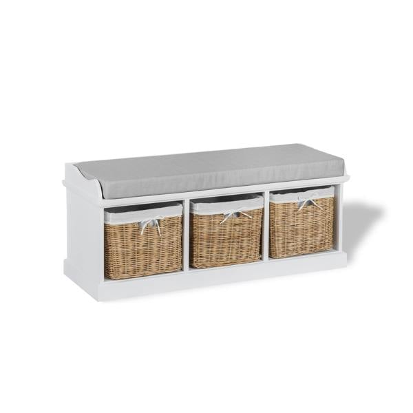 Statement Furniture Tetbury White Storage Bench with Natural Wicker Baskets and Grey Cushion