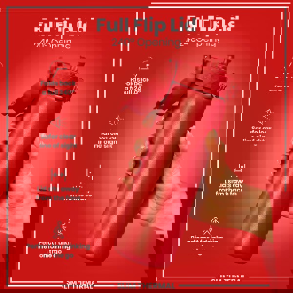 A red, slim thermal water bottle is held; its flip lid is open, showcasing a 240° opening. The bottle is shown against a red background. Full Flip Lid, 240° Opening, and Slim Thermal are also shown in text.