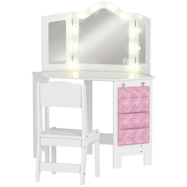 Kids white vanity table and stool set with tri-fold mirror, LED lights, and pink organizer