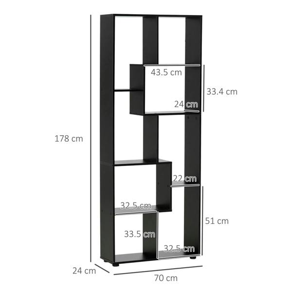Black 8-tier bookcase with open shelves and size labels: 70 x 24 x 178 cm