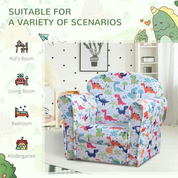 Children’s dinosaur-pattern tub chair with padded arms and seat for everyday play