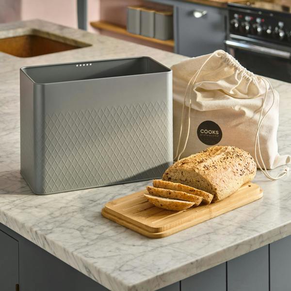 Cooks Professional Embossed Bread Bin, Linen Bag and Bamboo Board Set | Grey
