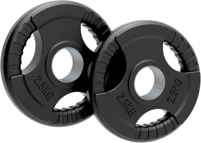 Black rubber Olympic tri-grip weight plates, each 2.5kg, featuring textured grip handles and a central hole for easy attachment
