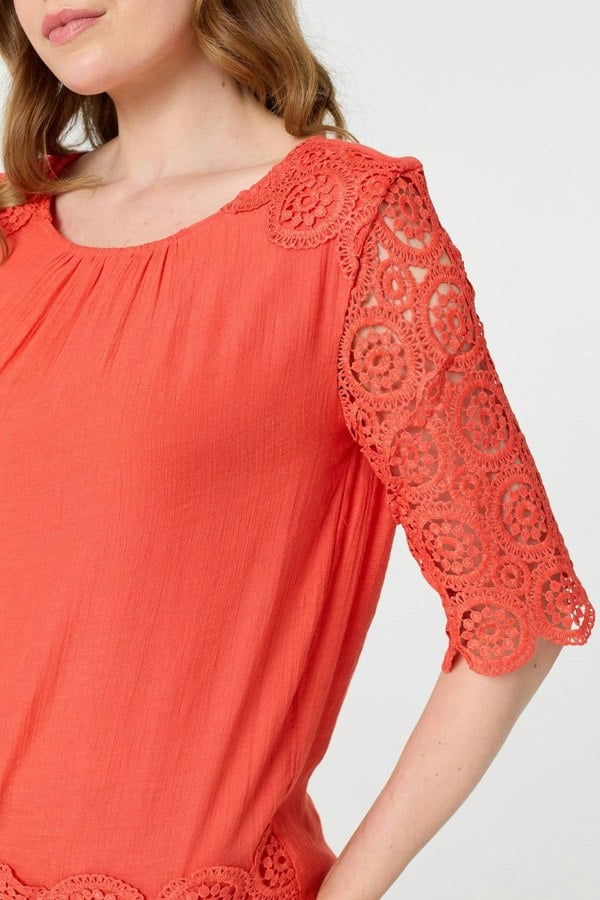Orange | Lace Trim Semi Sheer 1/2 Sleeve Blouse