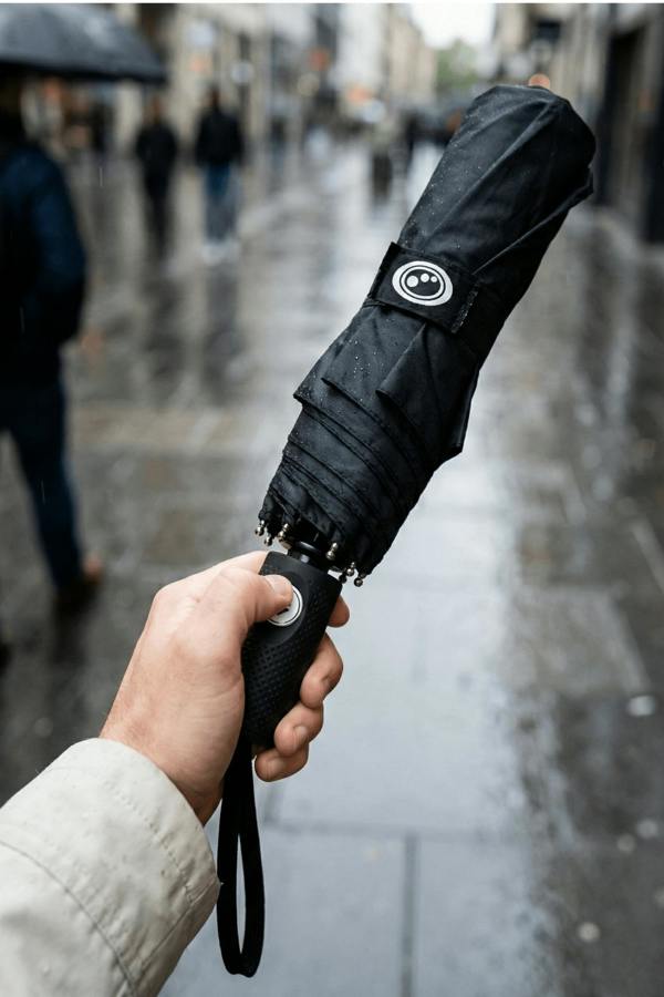 Hand holding folded black Optimum compact umbrella with logo patch on wet city street, lifestyle - Optimum