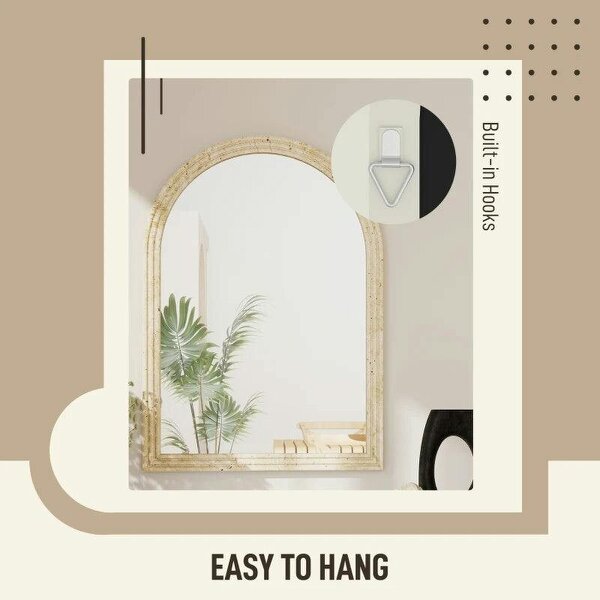 Arched Wall Mirror with Grooved Edge & Hooks, Wall-Mounted Mirror, Modern Tempered Glass & Polystyrene Beige